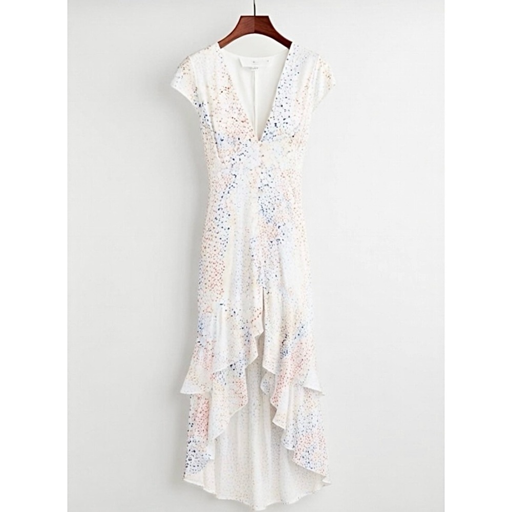 Hutch Rainbow Hearts Satin V-Neck Button Up Tier Maxi Gown Dress Womens size 8